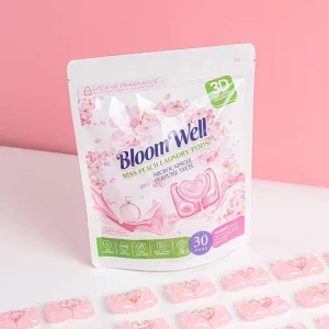 3 in 1 Disposable Eco Friendly Laundry Pods 30 Count Peach Scent Pink Deep Cleaning Fabric Color Protection Hand