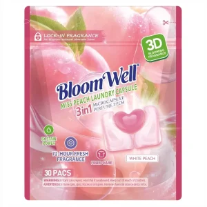BloomWell 3 in 1 Disposable Eco-Friendly Laundry Pods 30 Count Peach Scent Pink Deep Cleaning Fabric Color Protection Apparel