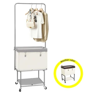 110L Rolling Laundry Cart Hanging Rack Lockable Wheels Heavy Duty Canvas Iron Frame Clothing Organizer Contemporary Beige/Brown