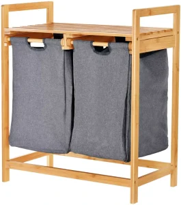 Bamboo Double Storage Laundry Hamper Storage Cart with Lids for Room Organizer and Bathroom Accessories