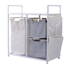 Bamboo Laundry Hamper Cart 3 Bag Rolling Laundry Sorter with Wheels Side Pockets for Home Hotel