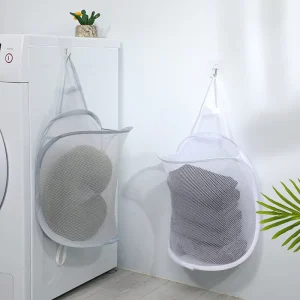 Collapsible Fabric Laundry Hanging Bag Linen Home Wall Mounted Mesh Basket with Handle for Home Hotel Storage of Dirty Clothes