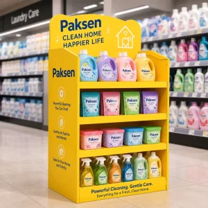 Espositore da Pavimento in Cartone Stampato a Cartone Giallo Personalizzato a 4 Ripiani per Detergente per Pulizia della Casa FMCG