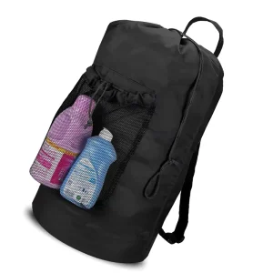 Custom logo Heavy Duty Durable Travel Storage Bag Drawstring 600D Oxford Clothes Mesh Laundry Wash Backpack Bag