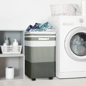 Customizable Size Rolling Laundry Hamper Wheels Foldable Bamboo Storage Bins Sorter Basket Handle Clothing Washing Bag