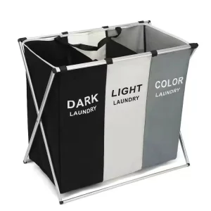 Large 3 Section Freestanding Dirty Clothes Storage Bucket Folded Aluminum Frame with Mesh Laundry Hamper Bag Basket in Bedroom