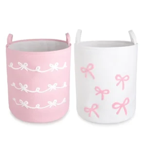 Large Capacity Collapsible Cotton Linen Laundry Basket EVA Lining Bowknot Design Bathroom Storage Organizer for Dirty Clothes