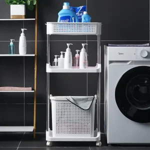 Laundry Storage Basket with Single Handle Bathroom Laundry Basket Trolley on Wheel Removable Laundry Hamper
