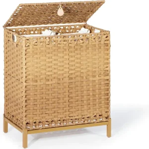 Modern Handwoven Rattan Laundry Hamper 112L Removable Liners Metal Heightened Feet 2 Sections