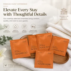 Private Label Mini 10ml Hotel Amenity Set Citrus scented Shampoo and Shower Gel Customizable Sachet Color and Logo Available
