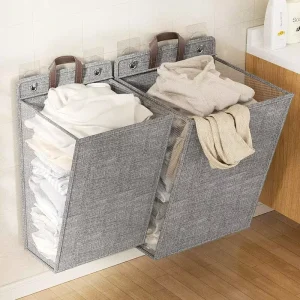 Punch Free Wall Hanging Dirty Clothes Storage Basket Collapsible Cotton Linen Laundry Basket Hamper