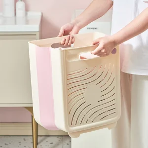 Wall Mounted Foldable Laundry Basket Hanging Dirty Clothes Hamper Hollow Ventilated Storage Bin for Bathroom